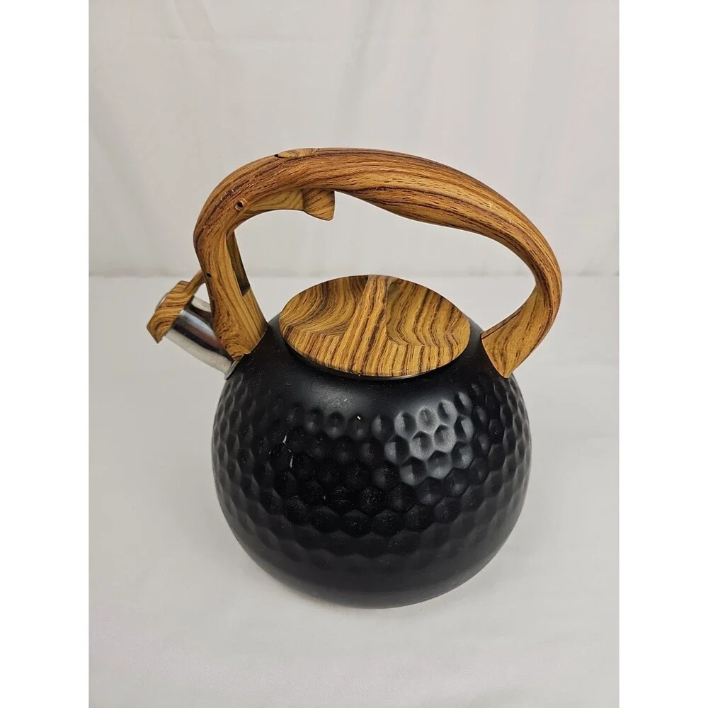 Black Whistling Tea Kettle Wood Grain Handle Honeycomb Stovetop Teapot